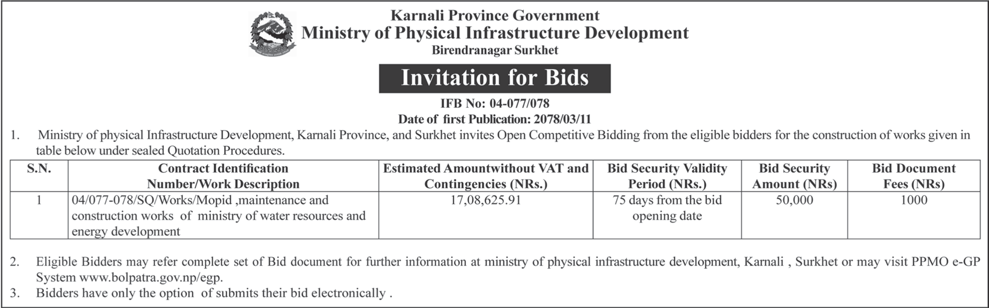 Karnali Province Government, Ministry of Physical Infrastructure Development, Birendranagar announces bid for construction works. Image 2(5).png